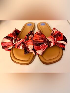 Kensie Pleated Bow Slide Sandals - Red Multi Sz 7.5
